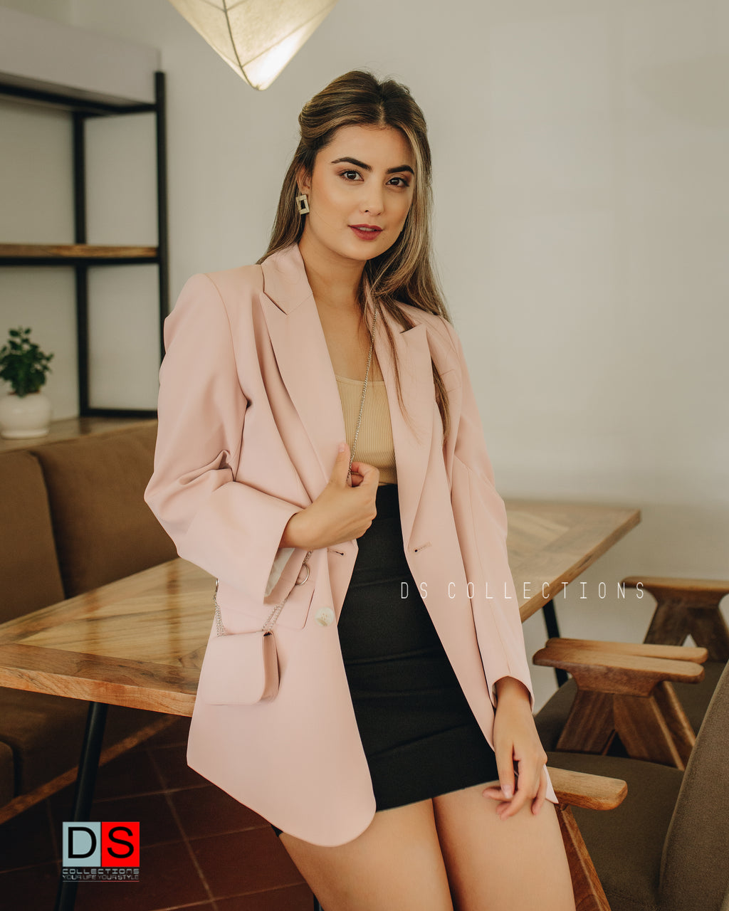 Double Breasted Plain Blazer With Sling Bag